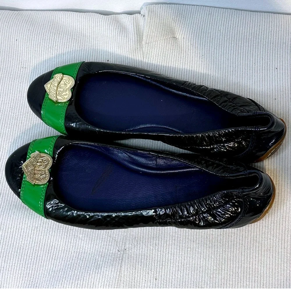 Coach Poppy Ballet Flats Women 7 Black Green Heart Logo Q3066